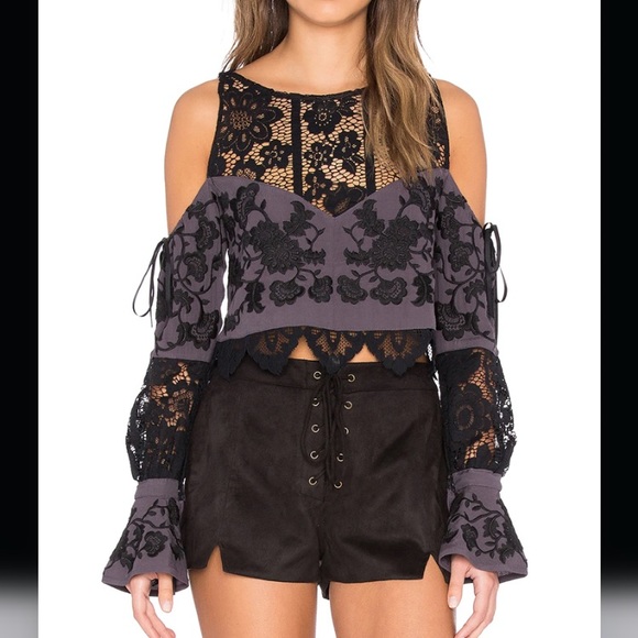 For Love & Lemons Cecilia Crop Top Cold Shoulder Purple/Black Lace Size XS - Picture 4 of 13